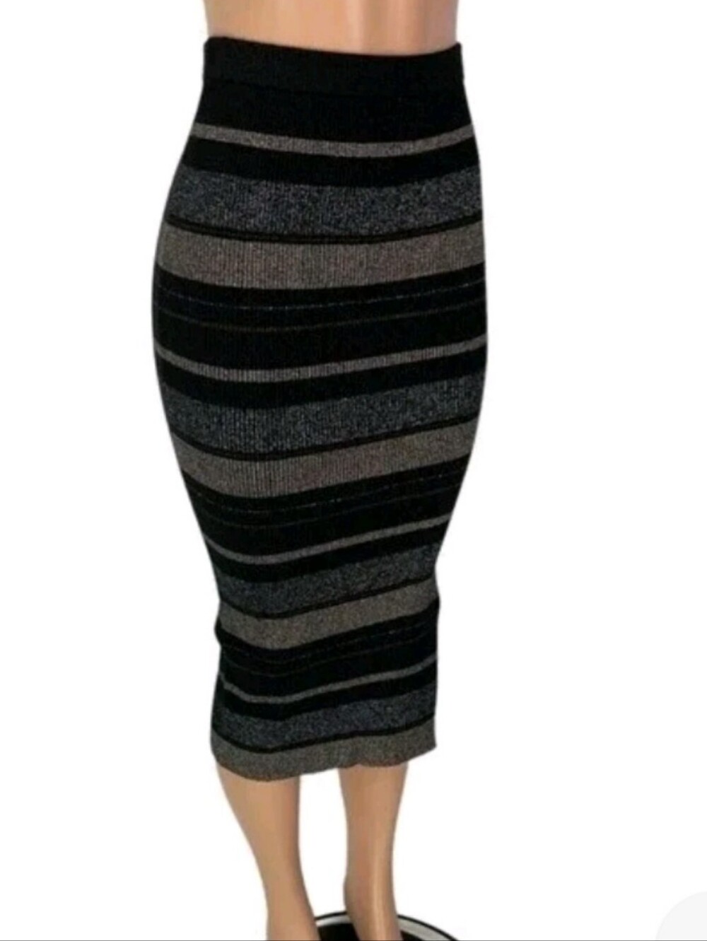 HOUSE OF HARLOW 1960 Y2K Midi Knit Skirt Striped Metallic Gray Dark Academia